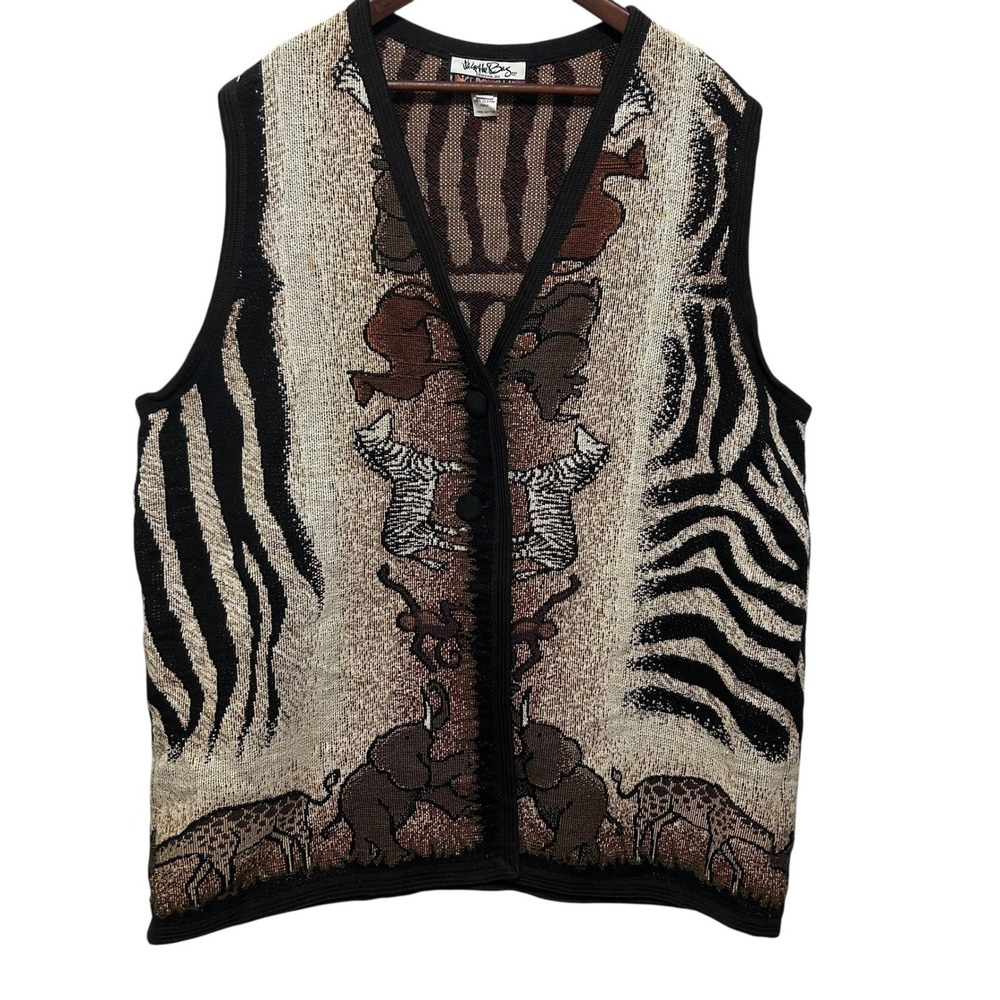 Vintage It's In The Bag‎ Unge Potch Ket Tapestry Vest 2X Safari Animal 90s Retro